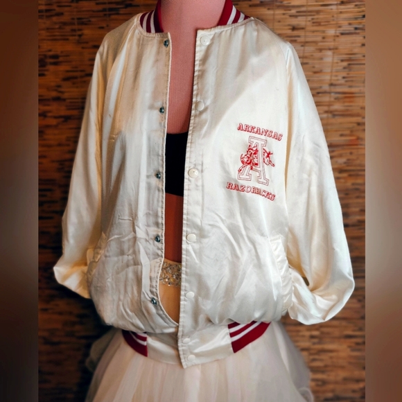 Arkansas Razorbacks Vintage Satin Bomber Jacket 70/80s RARE white by Paramount L - Picture 1 of 14